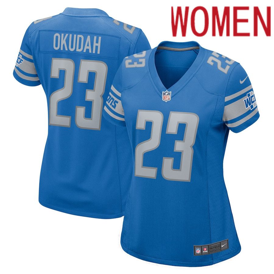 Women Detroit Lions 23 Jeff Okudah Nike Blue Player Game NFL Jersey